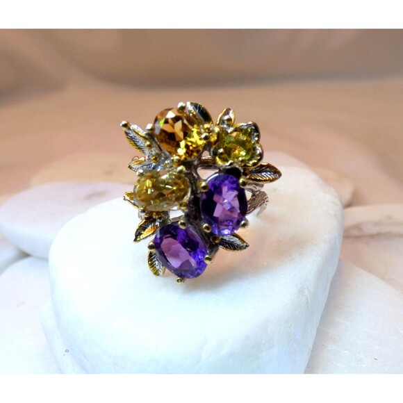 Citrine Amethyst Sterling Silver Cocktail Ring Botanical Vines Size 7.5 - Picture 5 of 8